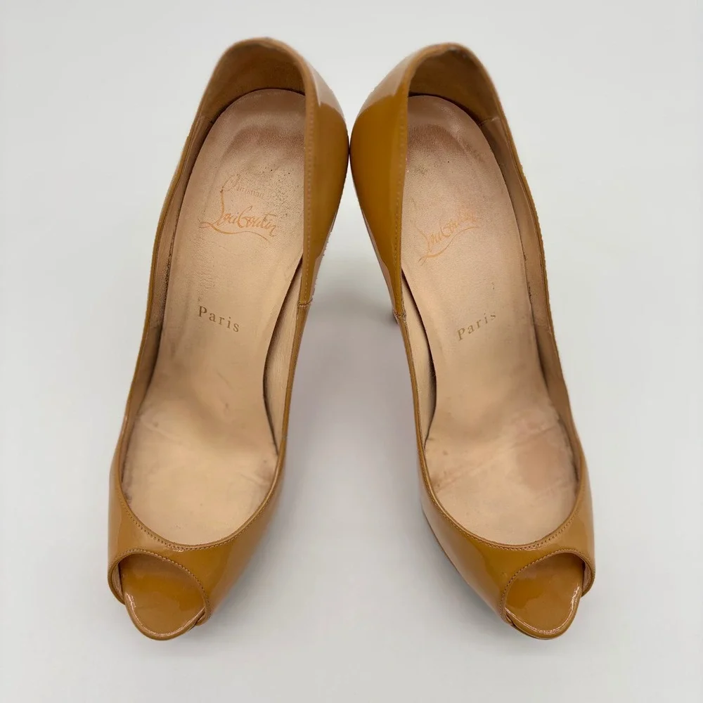 Christian Louboutin Lady Peep 150 Patent Leather Platform Pumps Tan Camel 38.5